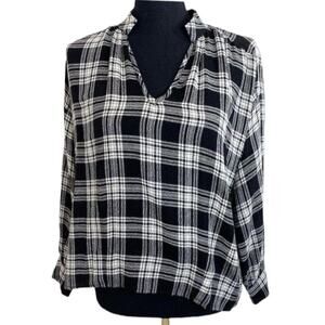 Madewell Clarksburg Black White Plaid Long‎ Sleeve V Neck Career Blouse XS